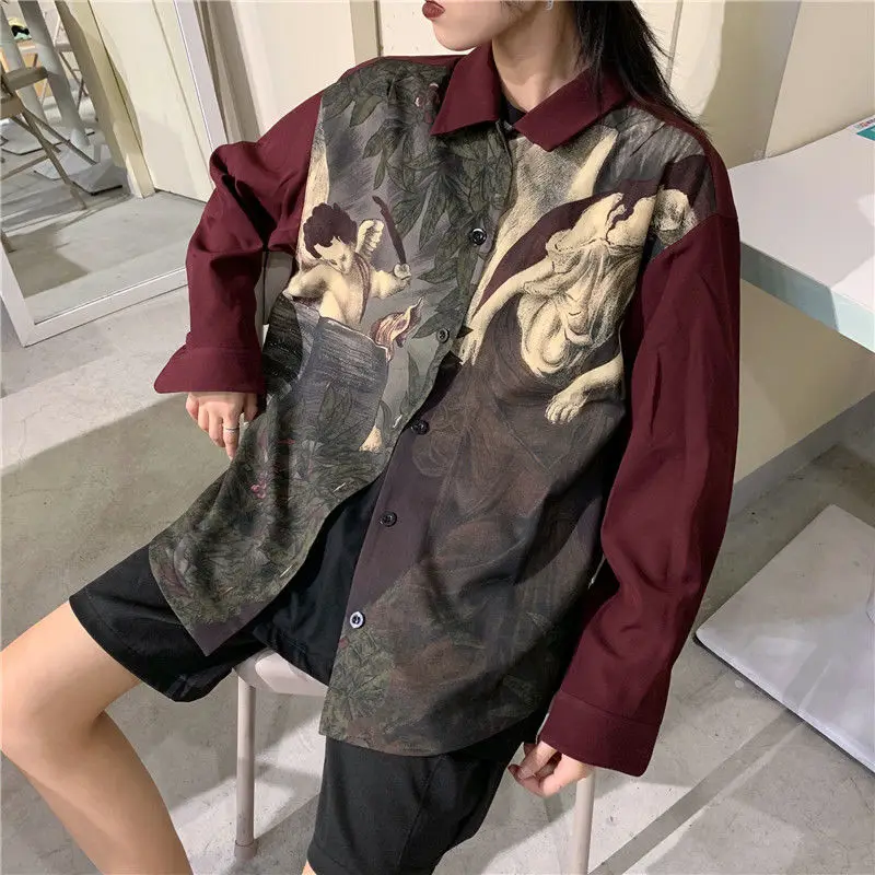 

QWEEK Vintage Angel Print Blouses Shirt Harajuku Japanese Streetwear Cardigan Long Sleeve Oversized Button Up Tops Women Clothes