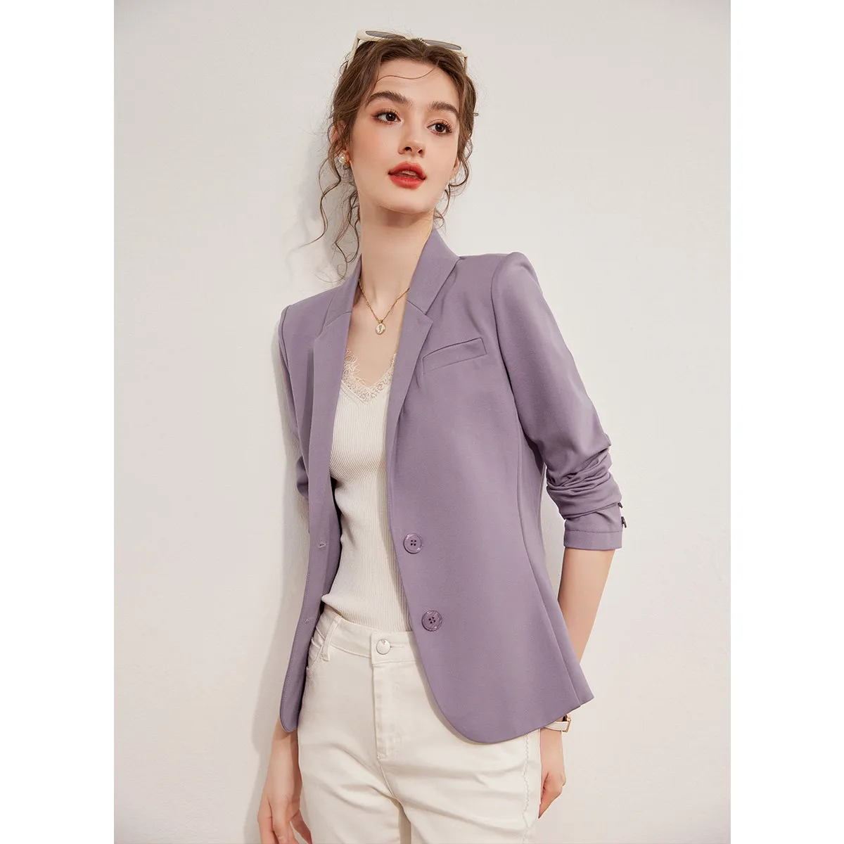 LOUIS YAO 2024 Jesienna moda Garnitur slim fit z klapami Retro Dzianina Micro Elastyczna naramiennik Damska kurtka z długim rękawem