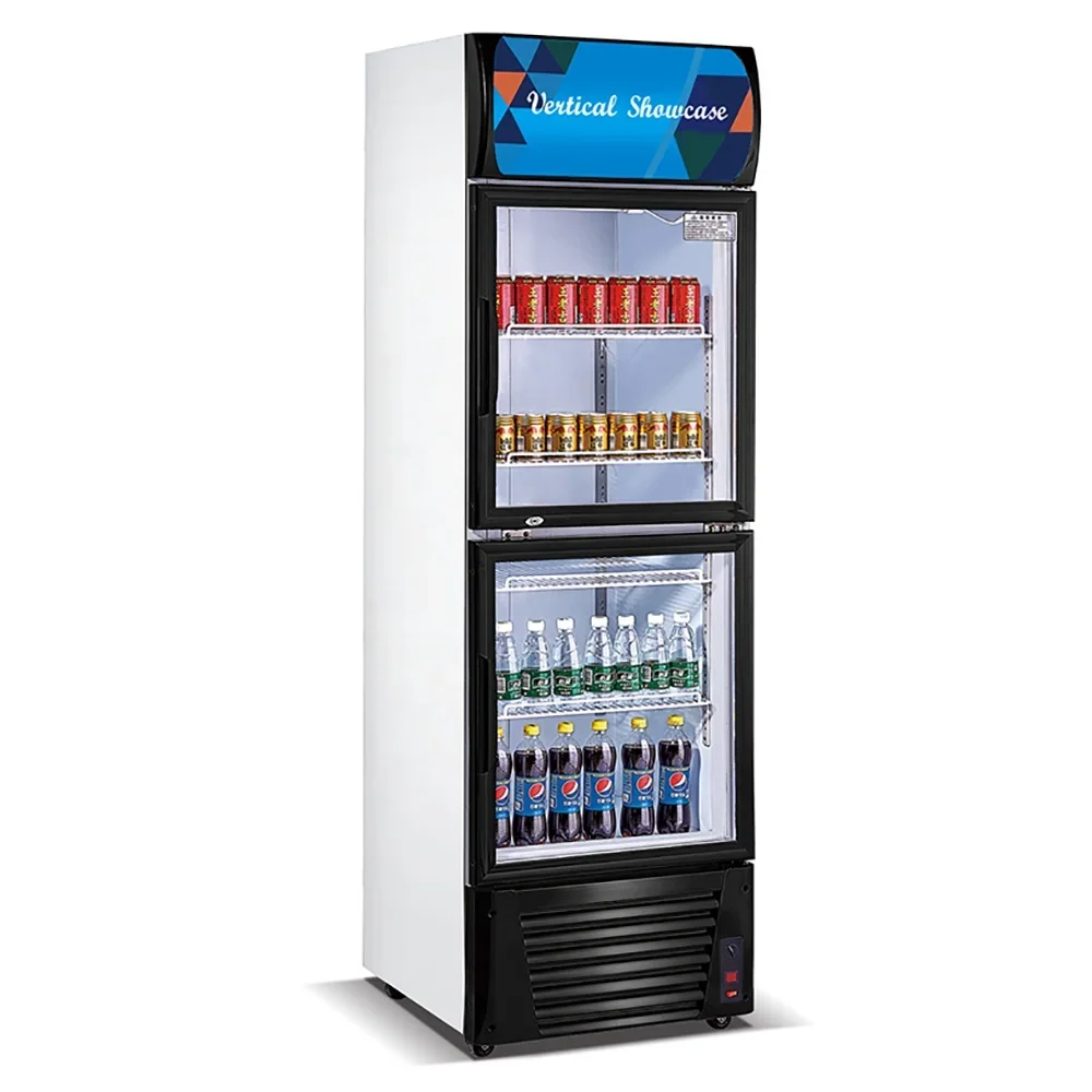 Double Door Beverage Display Cooler Supermarket Display Refrigerator Upright Freezer Display Case