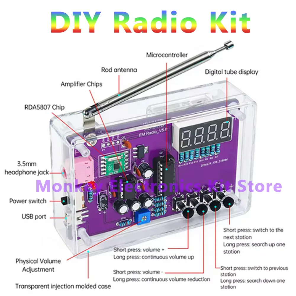 HU-017A Multifunction Radio Electronic DIY Kit 87~108MHz FM Adjustable Radio DIY Module LED Digital Display Volume Adjustable