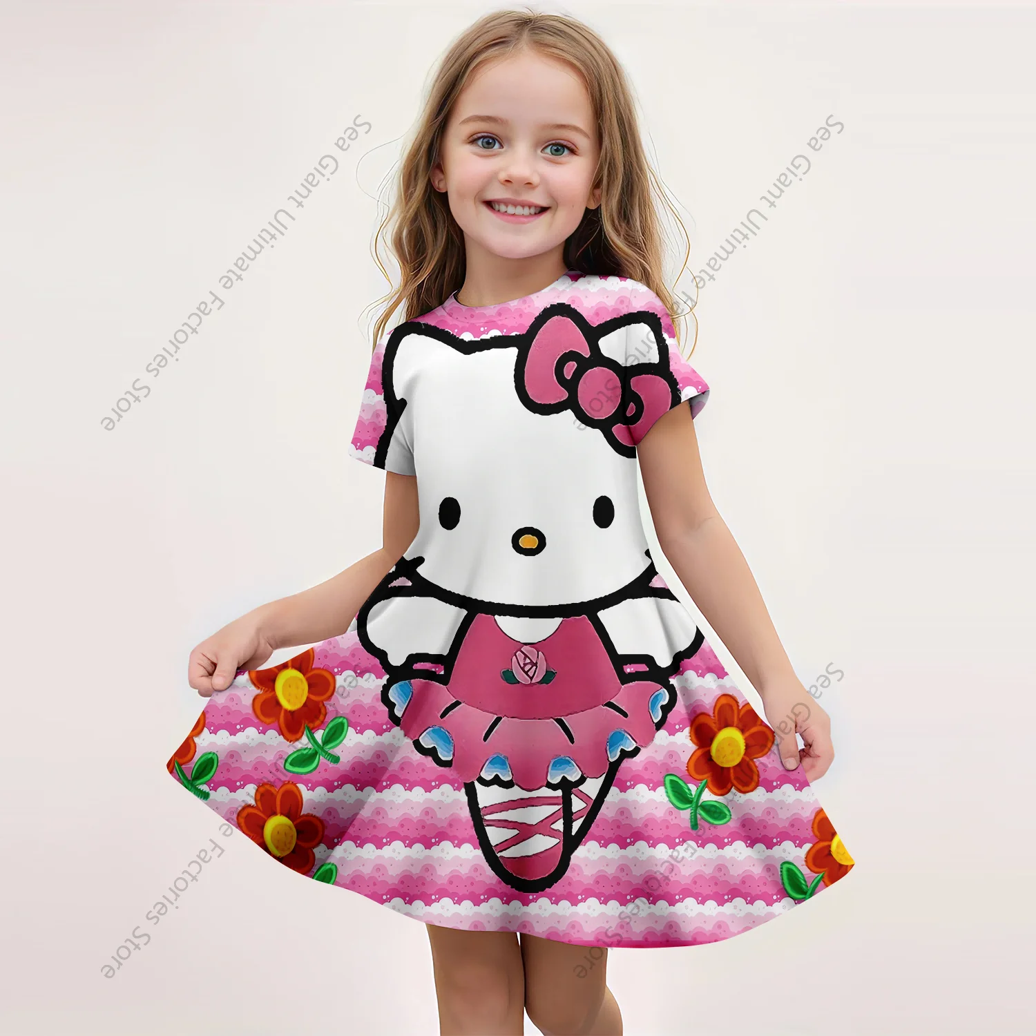 MINISO New Summer Girls Dress Fashion Cartoon Cute hellobyet & Melody abiti stampati in 3D abbigliamento da principessa a maniche corte per bambini