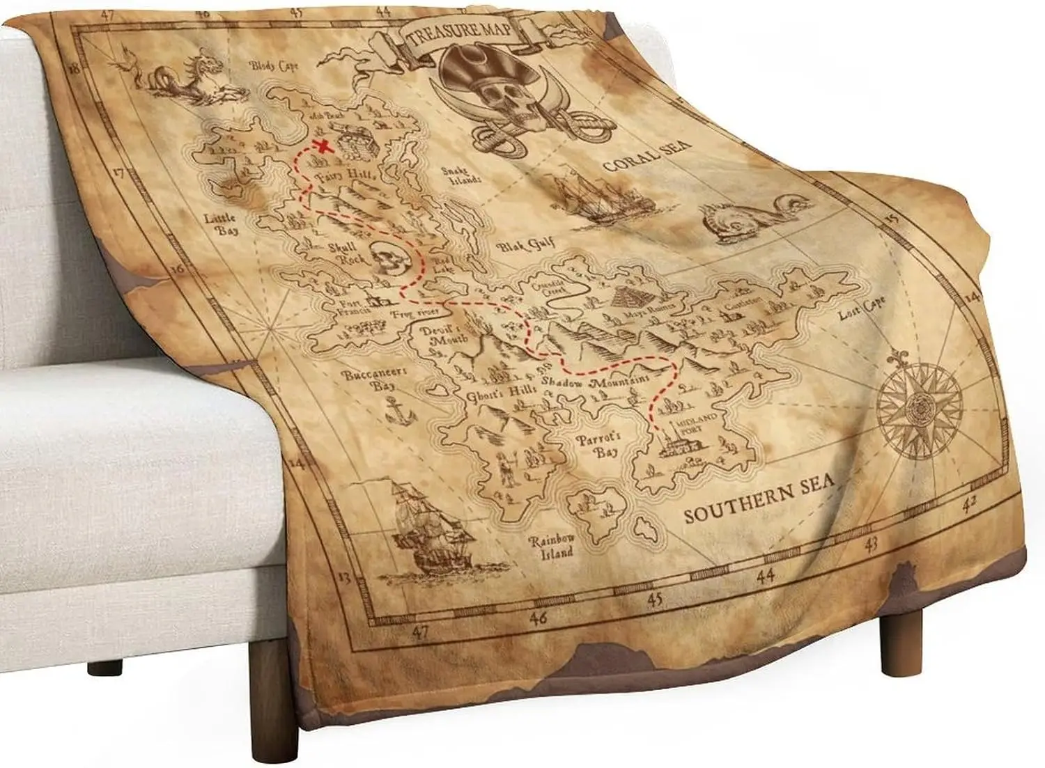 Antique Worn Pirate Nautical Treasure Route Map Soft Blanket Fit Living Room Bed Travel Rest Multi-scene Cozy Warm Household