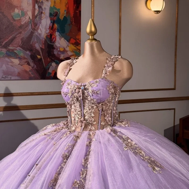 

Lavender Quinceanera Dress off-shoulder Glitter 3D Flower Lace Decal Long tail vestidos de 15 Quinceanera ﻿Customized