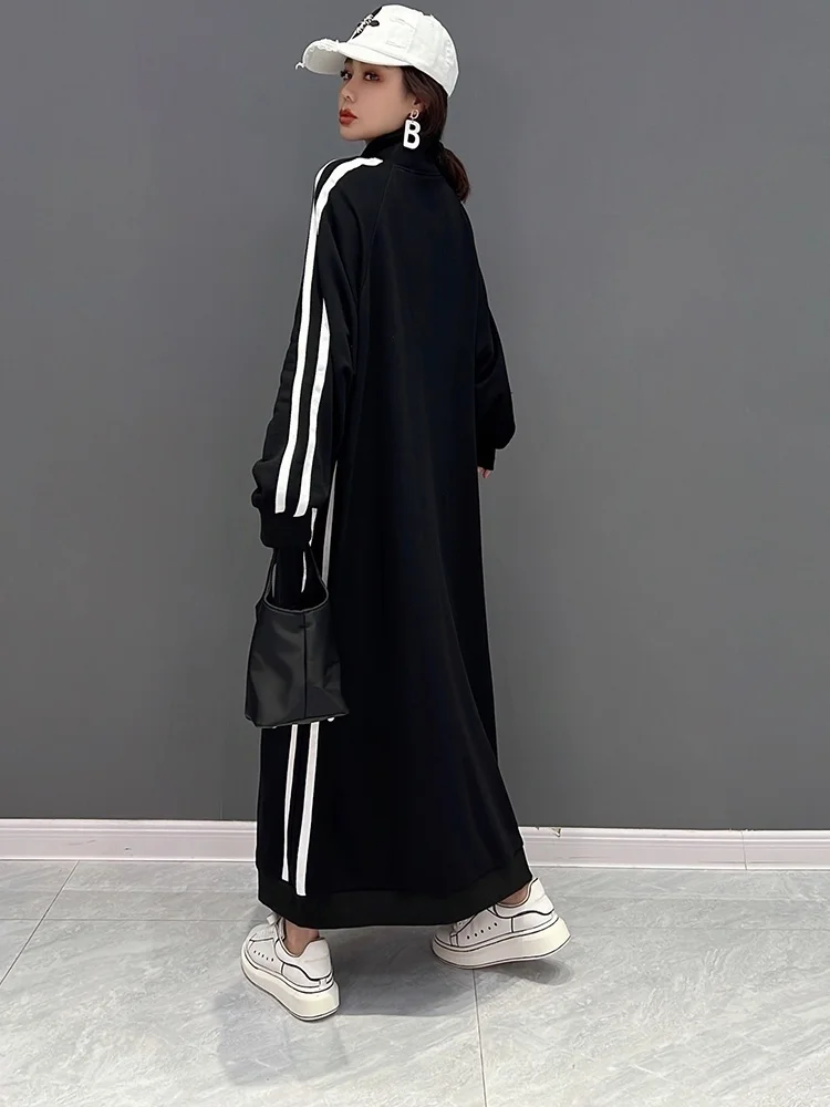 Woman Turtleneck Pullover Dress Loose Mid-length Stripe Leisure Age Reduction Dress Black 2024 Spring Autumn LX598S