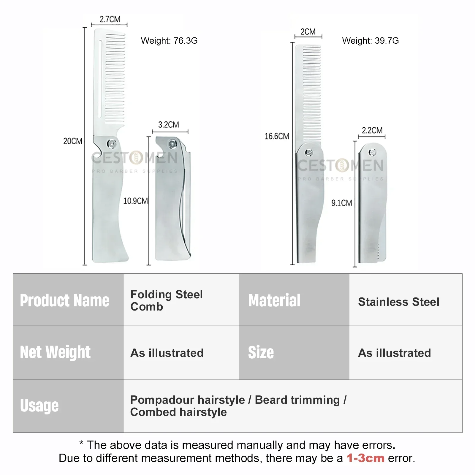 새로운 Type1/2PCS 휴대용 강철 빗 접는 포켓 수염 빗 남성용 오일 헤드 헤어 스타일링 빗 살롱 이발사 도구 이발