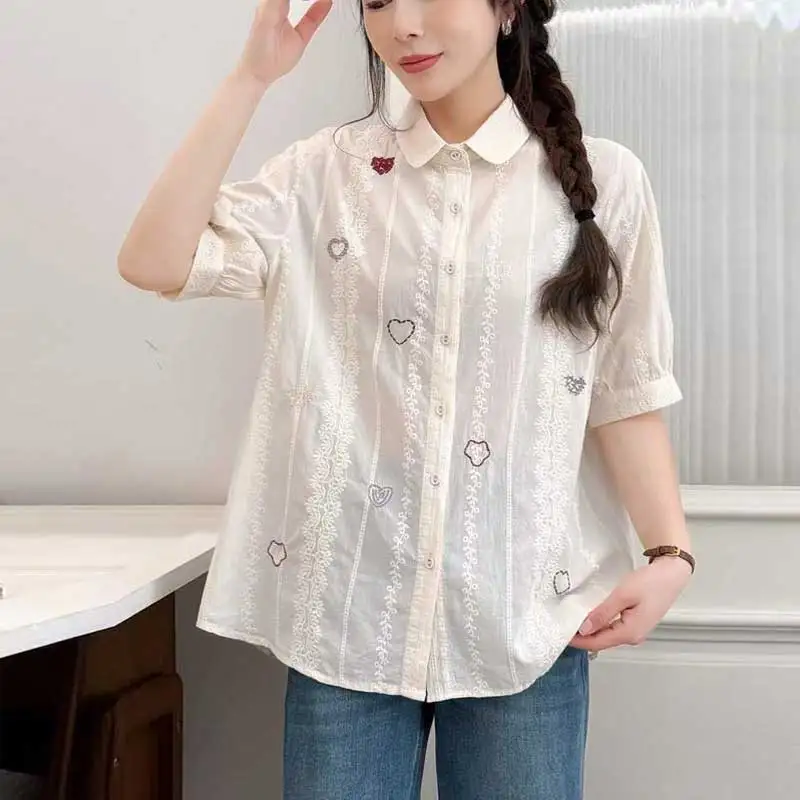 

Japanese Sweet Mori Girl Flower Embroidery Cotton Shirts Women Summer New Turn Down Collar Short Sleeve Casual Loose Blouse Tops
