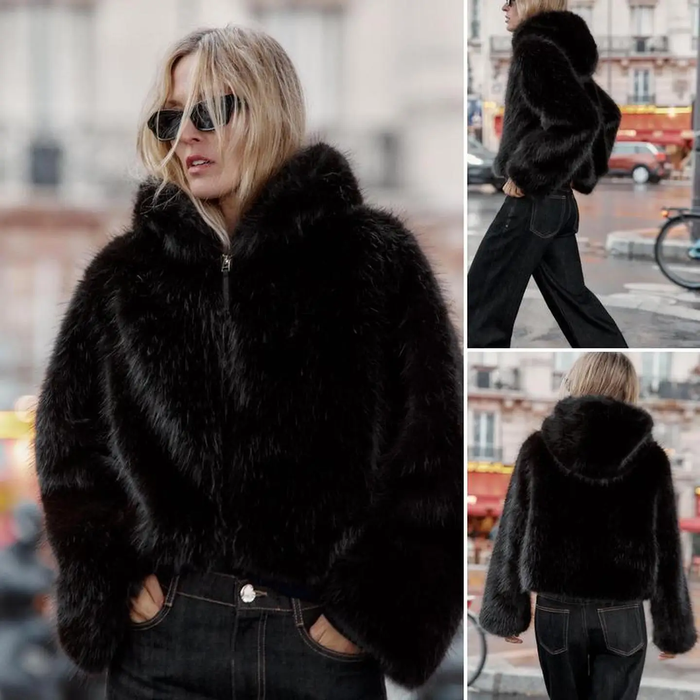 معطف طويل بقلنسوة من الفرو الاصطناعي Jaet وسحاب للإغلاق للخريف والشتاء معطف نسائي ملابس خارجية غير رسمية لمنتصف العمر... #1