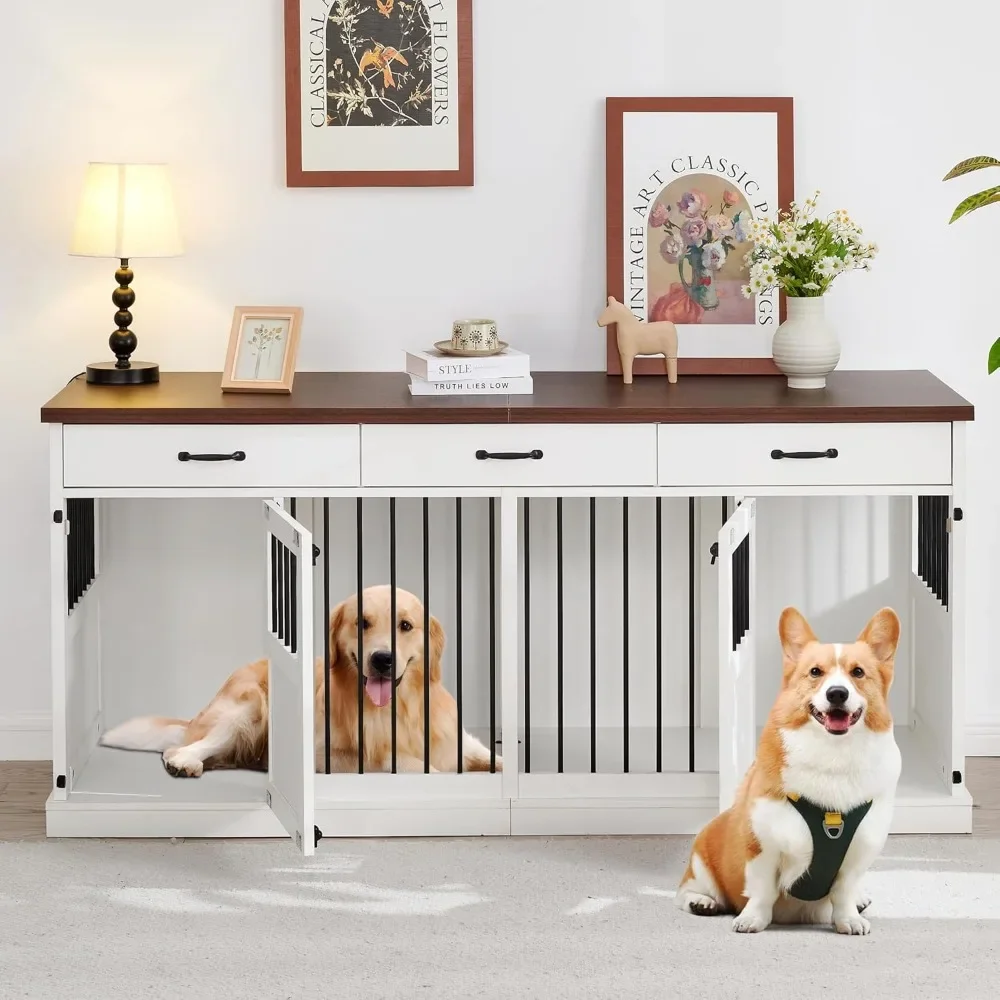 70.9 Inches Dog Crate Furniture for 2 Dogs Double Dogs Crate Wooden Heavy Duty Dog Kennel Furniture TV Stand with 3 Drawers