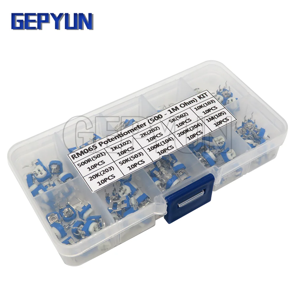 100pcs/Box RM065 Potentiometer Adjustable Resistor Kit 500 - 1M Ohm Multiturn Trimmer Potentiometer Set Variable Resistors Kit