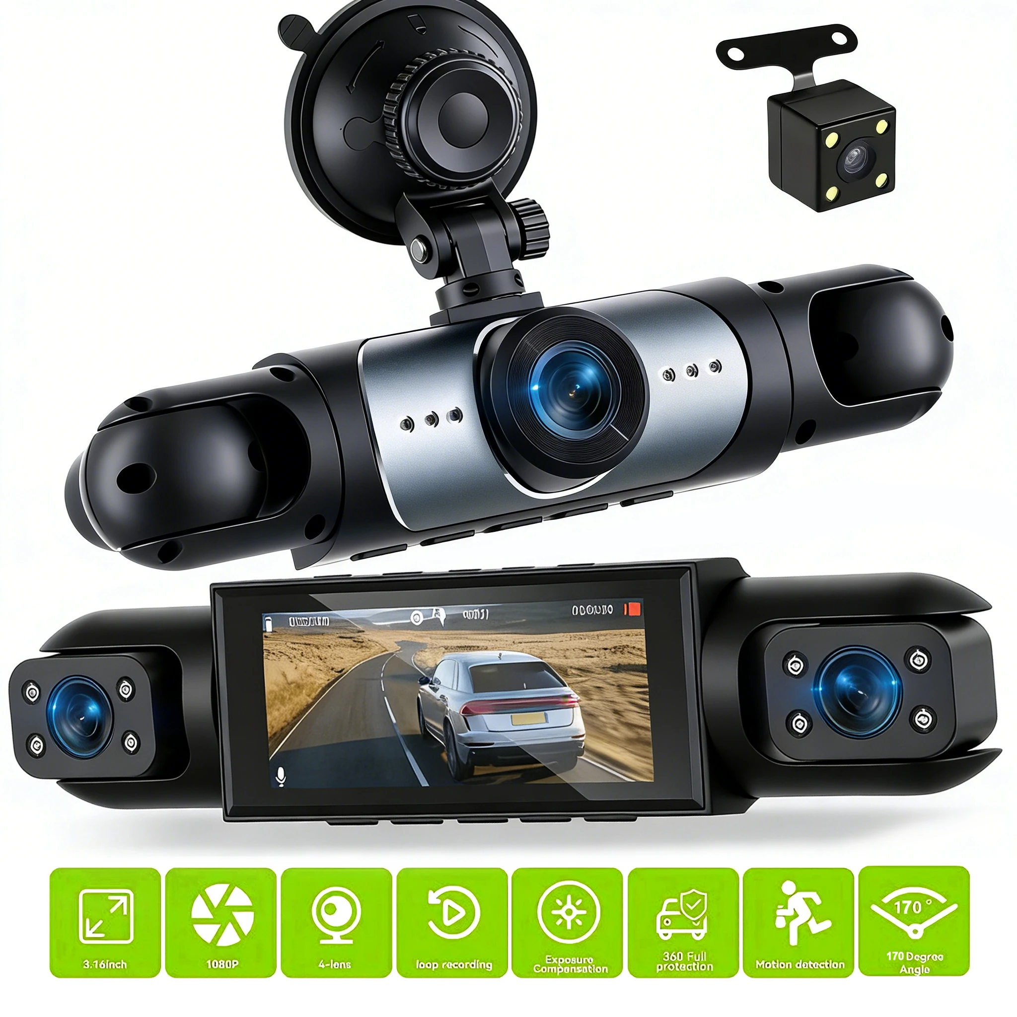 4CH 1080P Dash Cam Car DVR 4 Lens Front Rear Left Right Inside 360° Night Vision Loop Recording Black Box Video Recorder