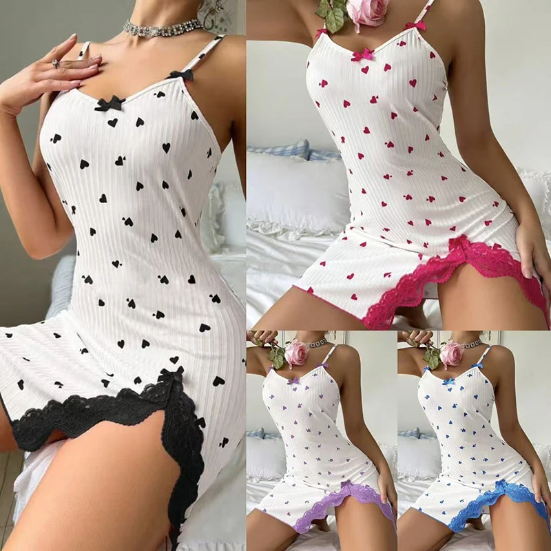 

Сексуальное женское ночное платье с v-образным вырезом, кружевное платье без рукавов с бантом и принтом сердца, элегантное ночное платье для женщин, новинка, хит продаж ﻿