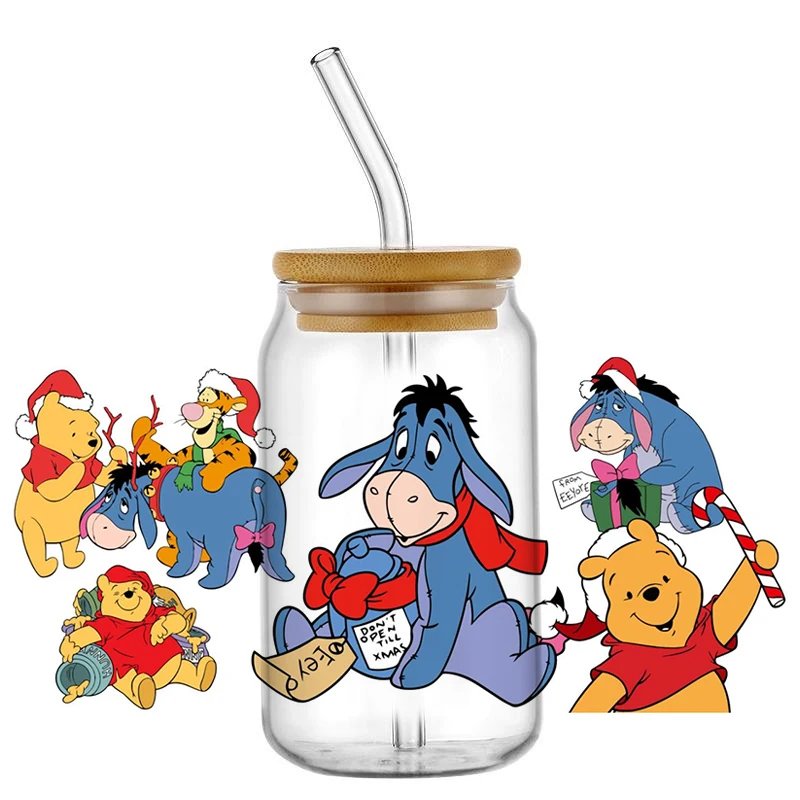 Christmas Winnie the Pooh 16oz DTF Sticker Cups Christmas Gifts UV Wrap Transfer Sticker Custom Labels DIY Logo Selfadhesive