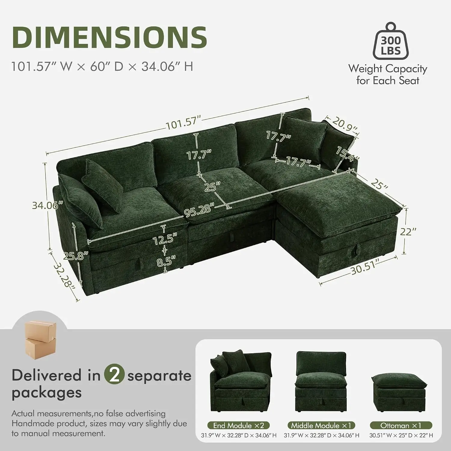 L-Shaped Modular Sofa with Storage Ottoman, 103