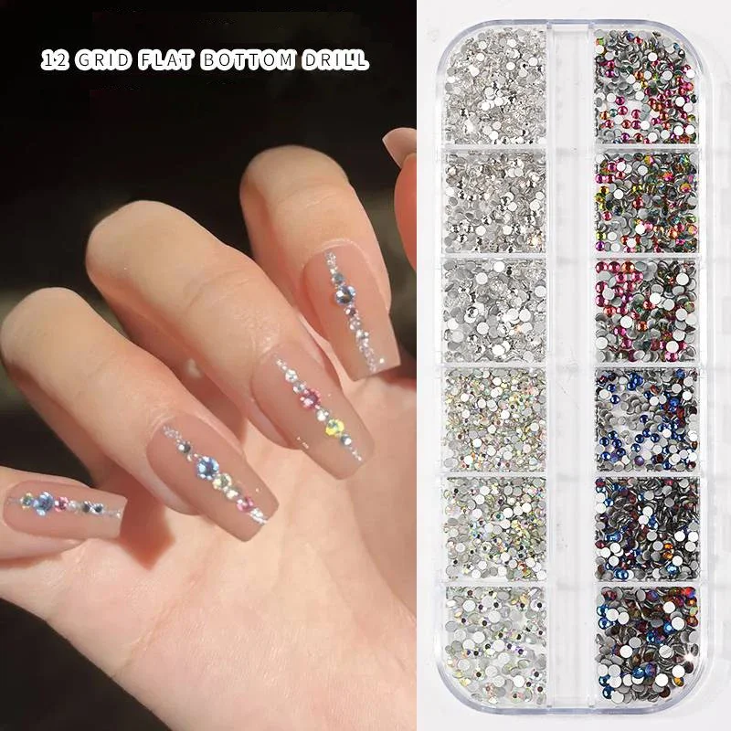 12Gird 3D Glass AB Crystal Nail Art Rhinestones Kit Flatback Round Bead Charm Gem Stones Jewelry Diamond with Tools for Nail Art