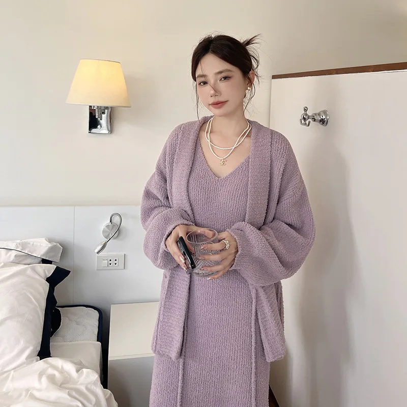 Women Winter Fluffy Maxi Nightgown | Long Sleeve, Loose Tie, Thick Warm Loungewear, Striped & Solid Color