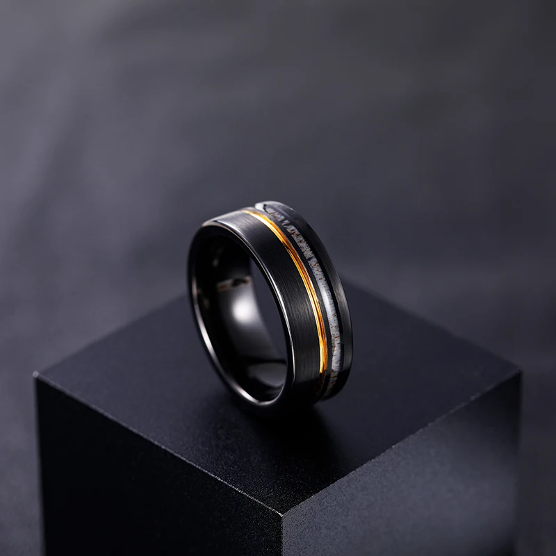 Somen Men's 8mm Black Tungsten Carbide Wedding Rings For Men Deel Antler Inlay with Gold Line Ring Matte Brushed Male Jewelry