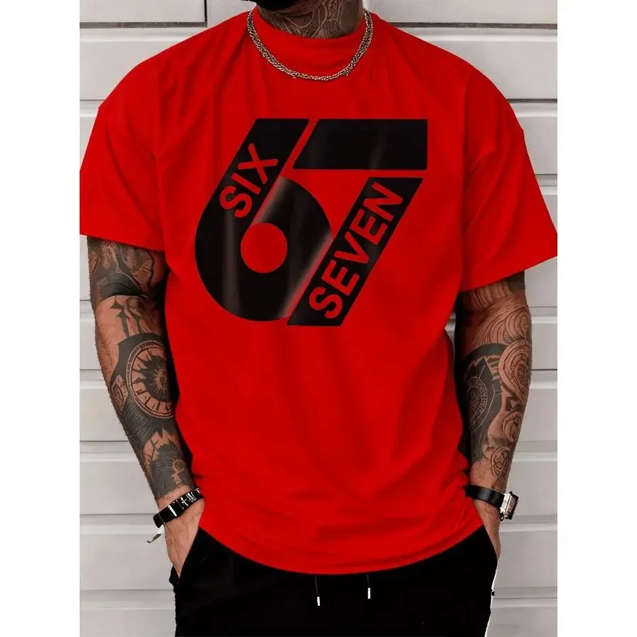 kunxia-Short Sleeve Men's Fashion Street Style Casual Trendy Adults Men Crewneck Graphic T Shirt with Six Seven Number Logo Pat