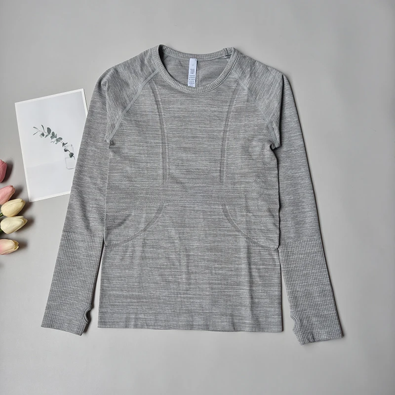 Nahtloses Yoga-T-Shirt für Damen, Sport-Top mit Rundhalsausschnitt, schmal geschnitten, langärmelig, für Laufen, Fitness, Workout, Gym – Detail 19