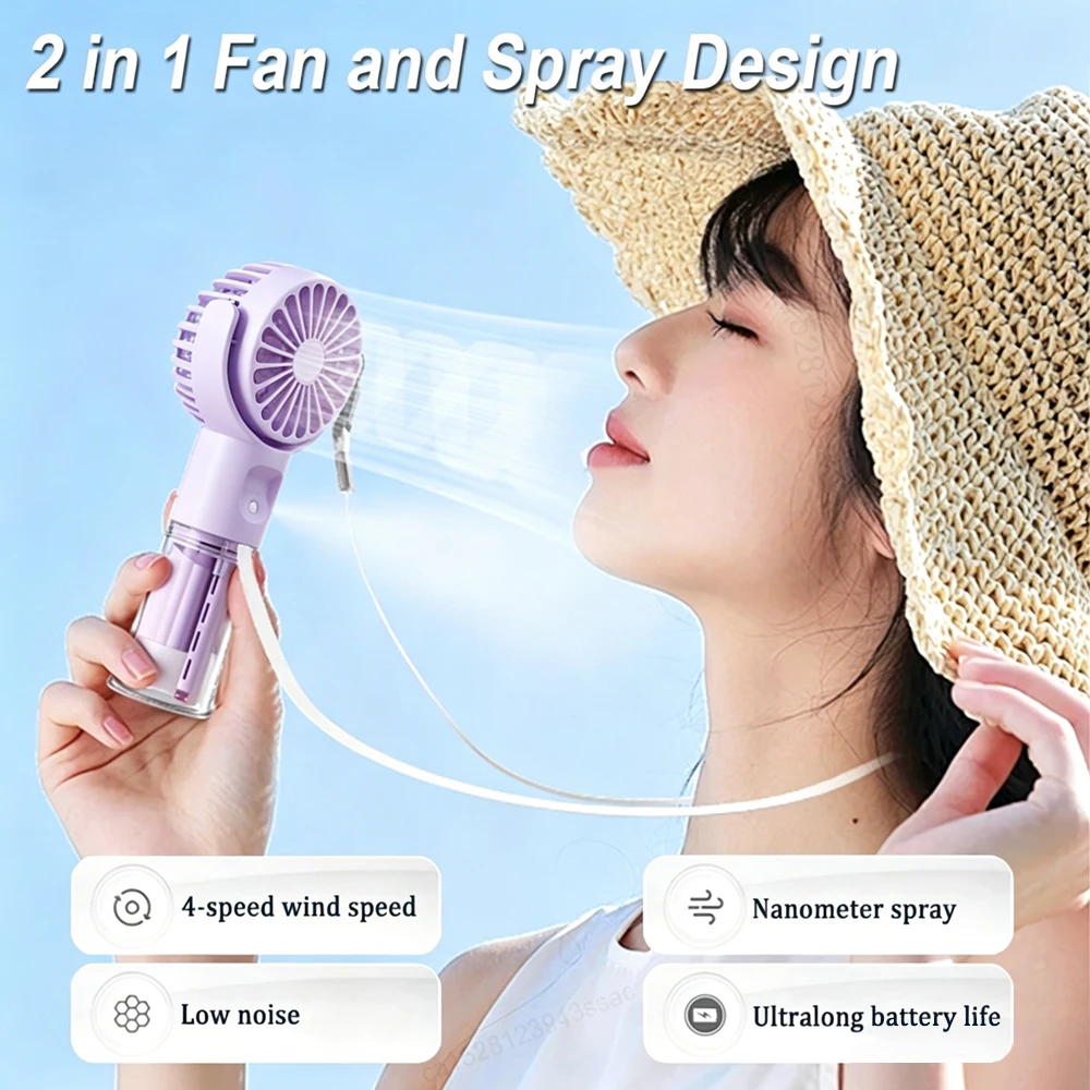 Portable Handheld Fan Humidifier Fan USB Rechargeable Outdoor Camping Hand Spray Personal Fan Hanging Neck Fan Mist Desk Fan