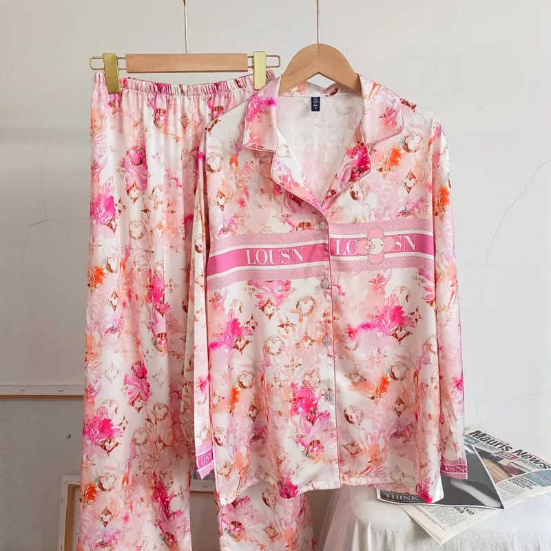 Conjunto de pijama de lapela de seda gelo feminino, imitação de mangas compridas, high-end rosa, casual, confortável