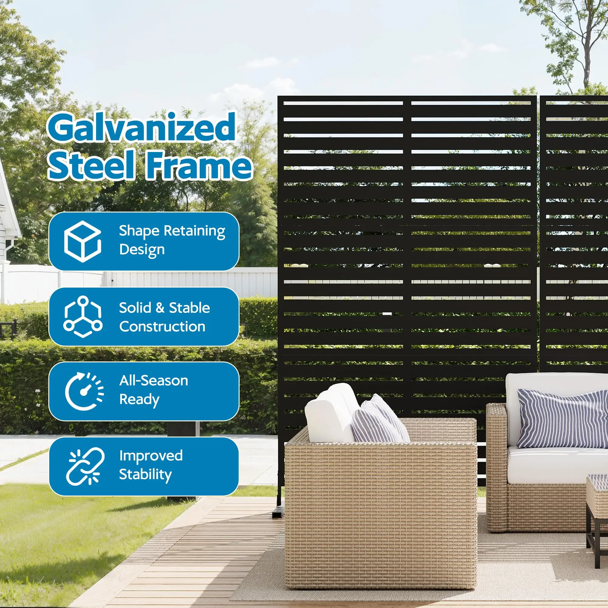 72 x 47 Outdoor Metal Privacy Screen 6FT Freestanding Decorative Fence Panel With Stand For Patio Garden Balcony Deck Yard Black view 6