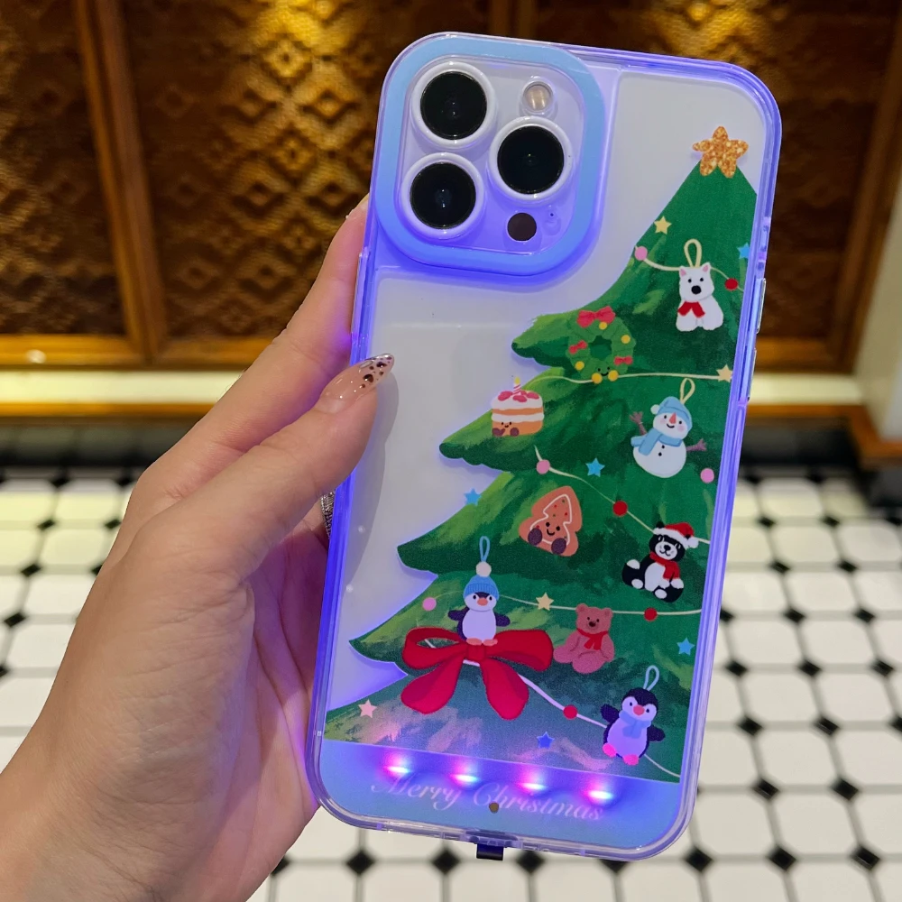 2025 جديد مضيئة دعوة تضيء فلاش شجرة عيد الميلاد سانتا جراب هاتف آيفون 17 16 15 13 12 11 14 ProMax زائد غطاء نمو الهواء