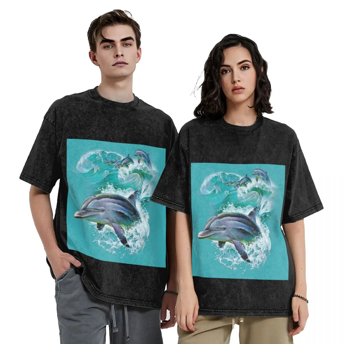Dolphins Catching Waves Hip Hop Short Sleeve T-Shirts Washed Tops Tees Streetwear T Shirt Vintage for Men woman