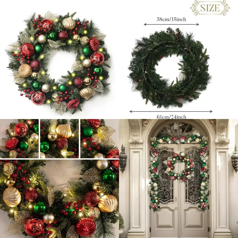 

Large Outdoor Christmas Wreath with Lights, Pre-Lit 24 Inch Front Door Decoration, Red and Green Festive Go