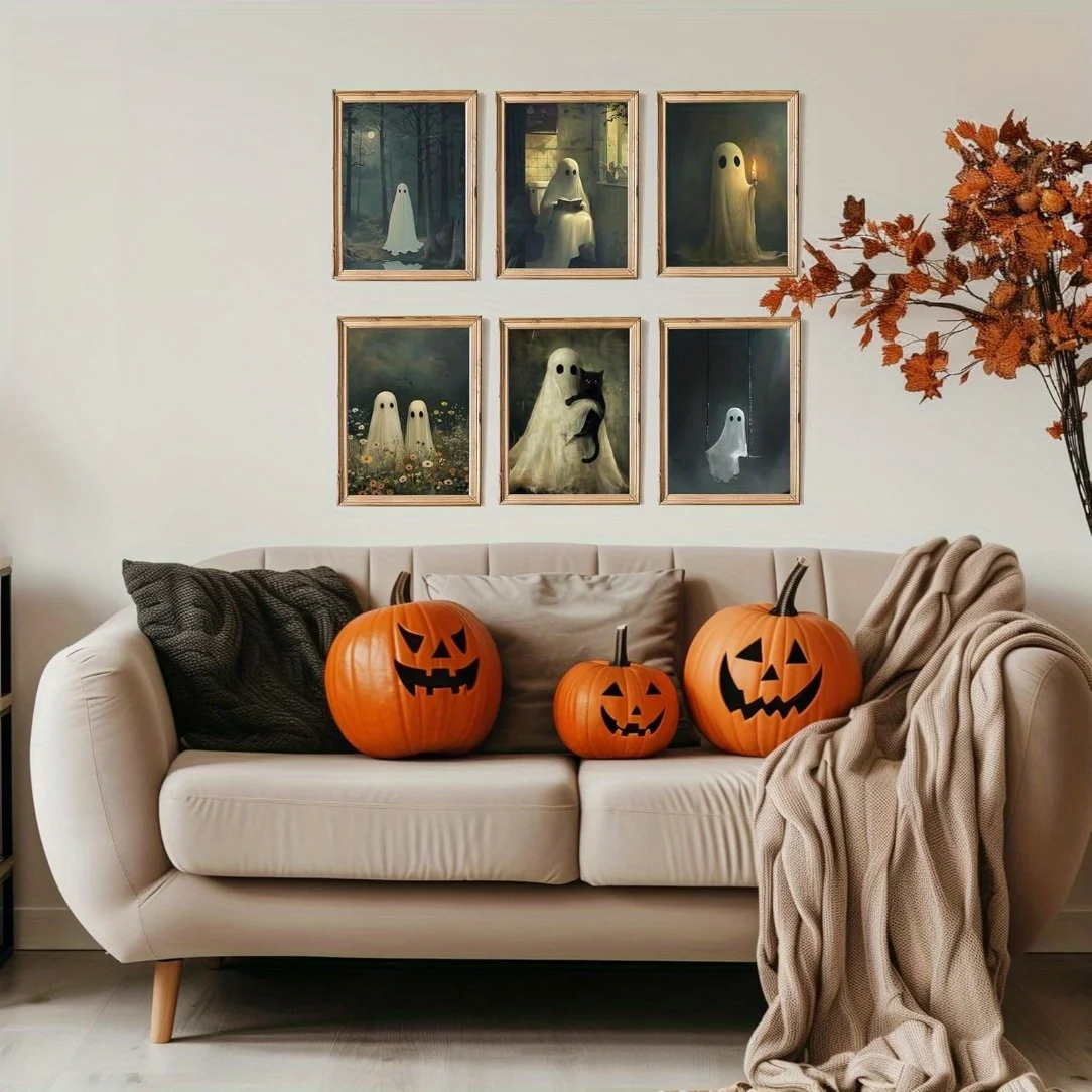 Retro Ghost and Black Cat Animal Canvas Prints Ghost Couple Flower Wall Art Posters for Modern Living Room Halloween Home Decor