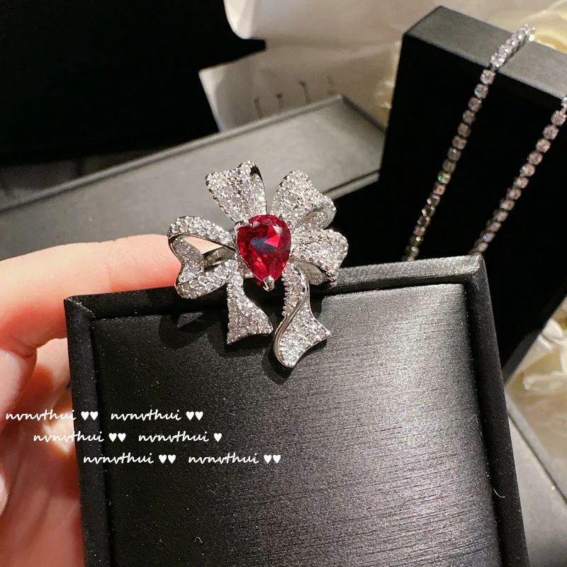 925 Sterling Silver Color Exquisite Bowknot Jewelry Sets Female Elegant Dazzling Red Zircon Luxury Wedding Bridal Accessories