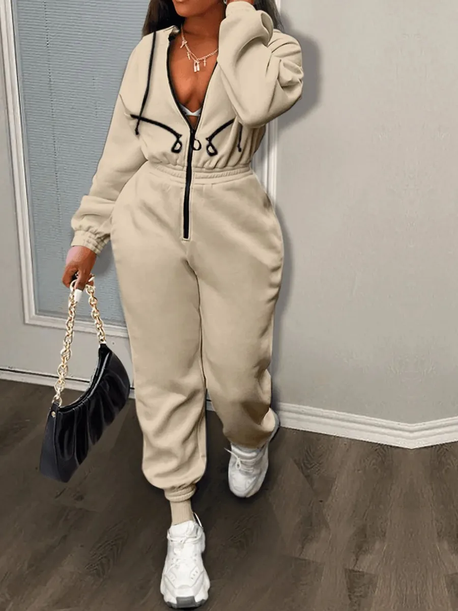 LW One Piece Suits Plain Zipper Up Casual Sporty Street Plain Hoodie Jumpsuits Drawstring Solid Color Long Pants With Pockets