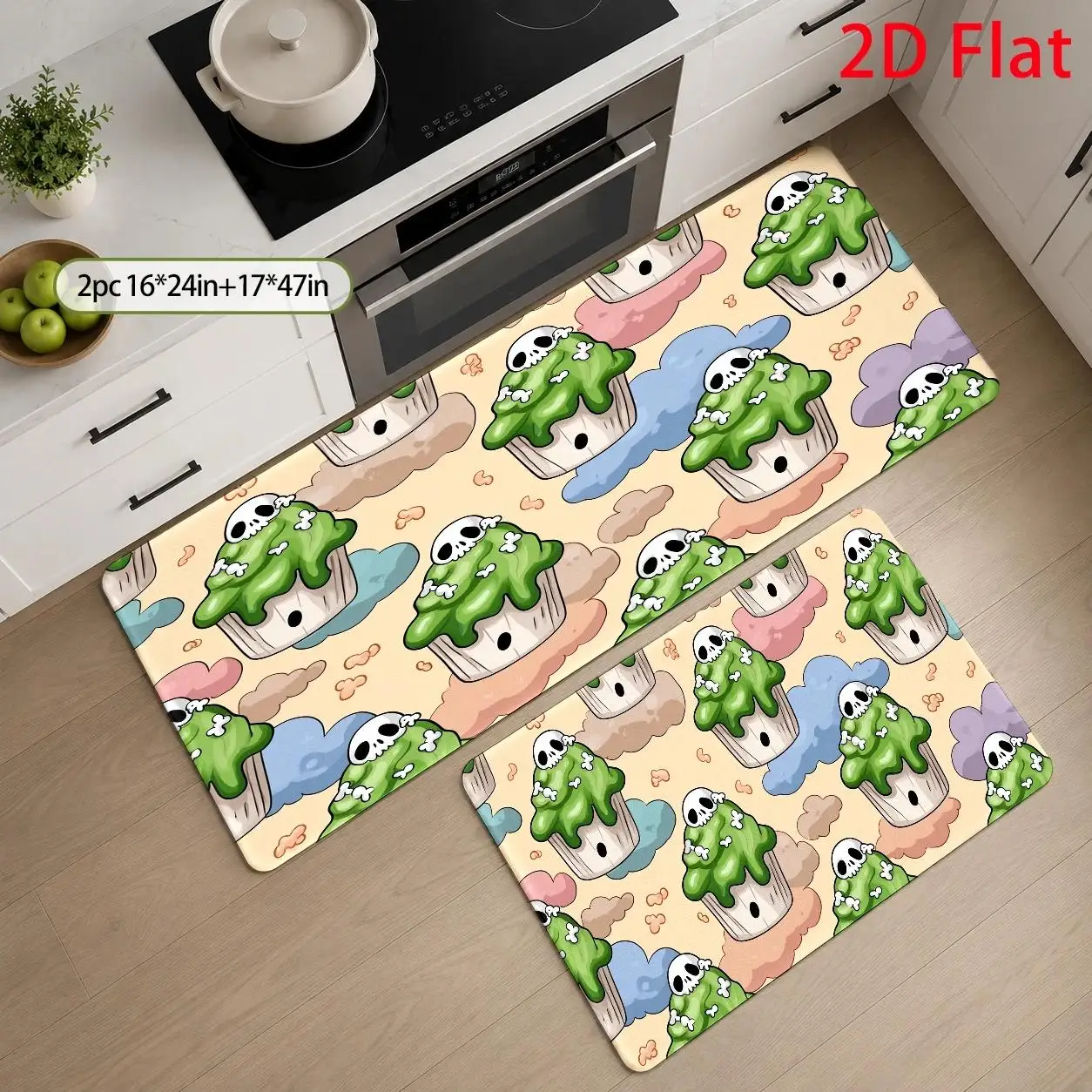 1pc, 2pcs, 3pcs, 2D Flat Kitchen Floor Mat Set, Spooky Cupcake Skeleton Pattern Floor Rug, Halloween Themed Decorative Kitchen Mat, Easy-to-Clean Bathroom Floor Mat, Suitable for Kitchen, Bathroom, Laundry Room, Dining, 2D Flat