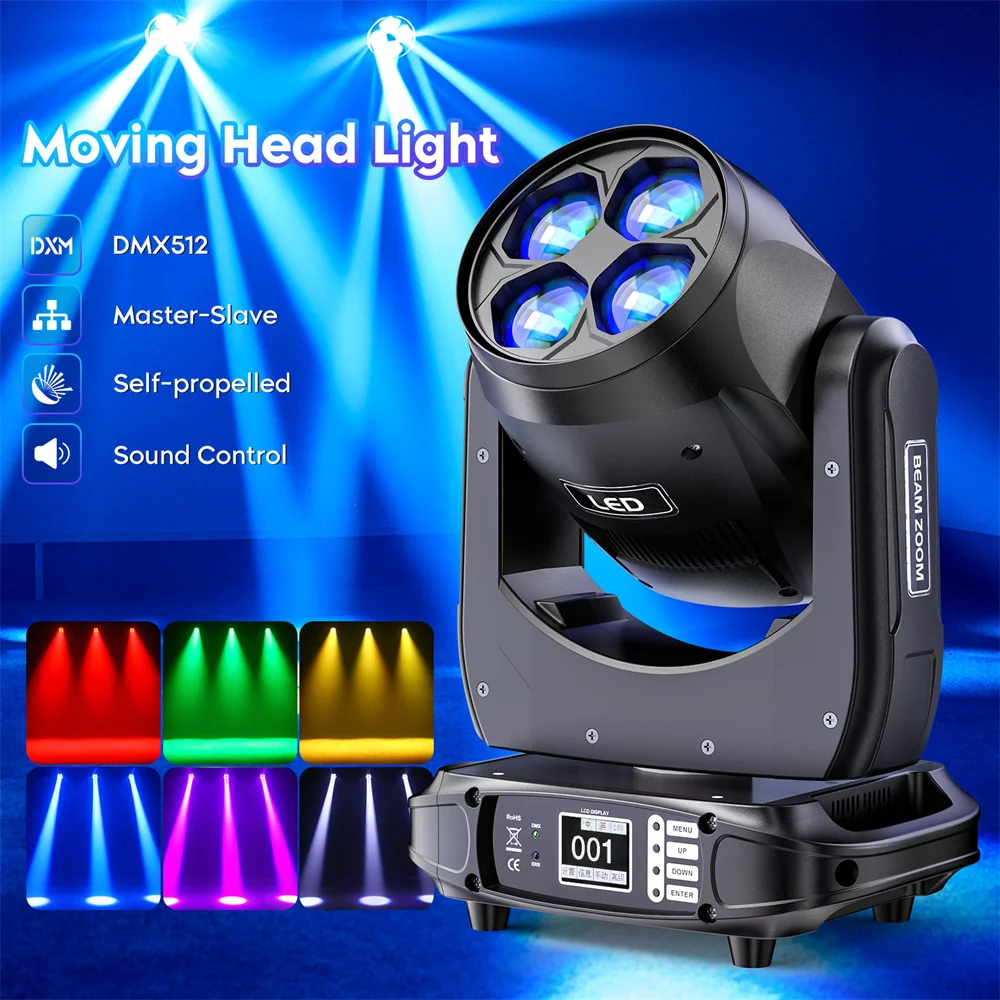 Yiflamefly 140W LED Beam Moving Head Light 4-in-1 Zoom Effect Stage Light RGBW Light for Event Show Bar Pub Club Wedding Disco