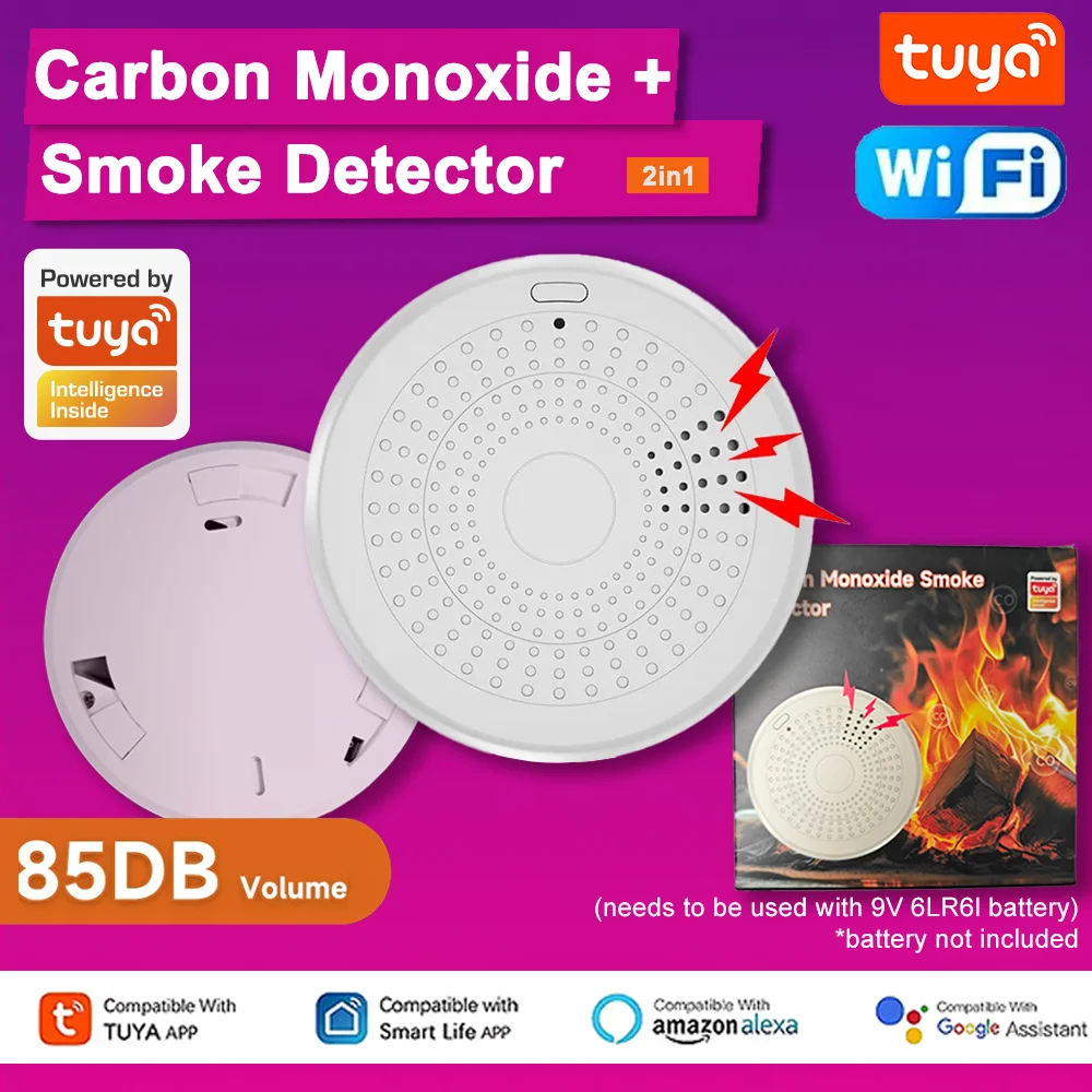 Tuya WiFi Smart Co & كاشف الدخان إنذار كاشف غاز أول أكسيد الكربون 2 في 1 نسخة إنذار صوت حريق الدخان عبر تطبيق Smart Life