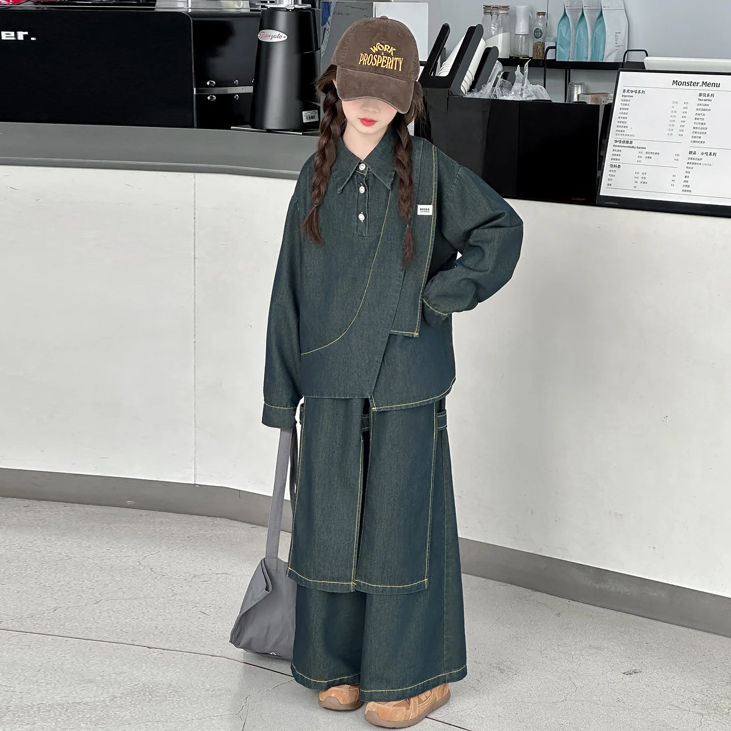 

Autumn Children Girls Denim Sets Korean Turn Down Collar Top+Wide Leg Pant Kids Girls Outfit Solid Patchwork 4-14Y Girls Suits
