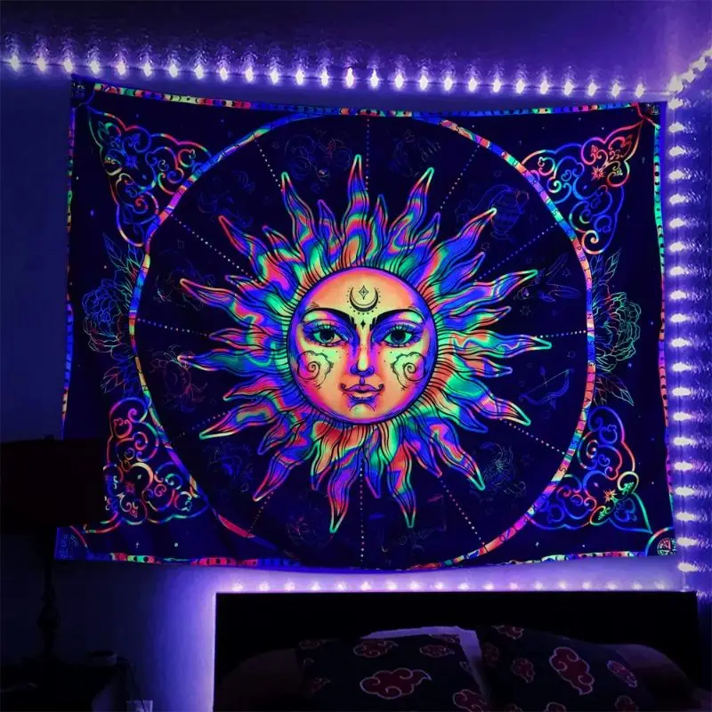 VIKAMA Blacklight Psychedelic Skull Roses Neon Wave UV Reactive Tapestry Trippy Wall Hanging Home Decor Soft Durable Cozy Gift