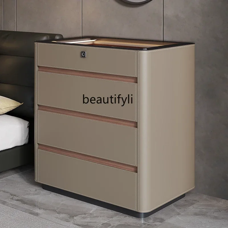 M182 Light luxury saddle leather bedroom chest cabinet multi-functional solid wood fingerprint lock jewelry display storage