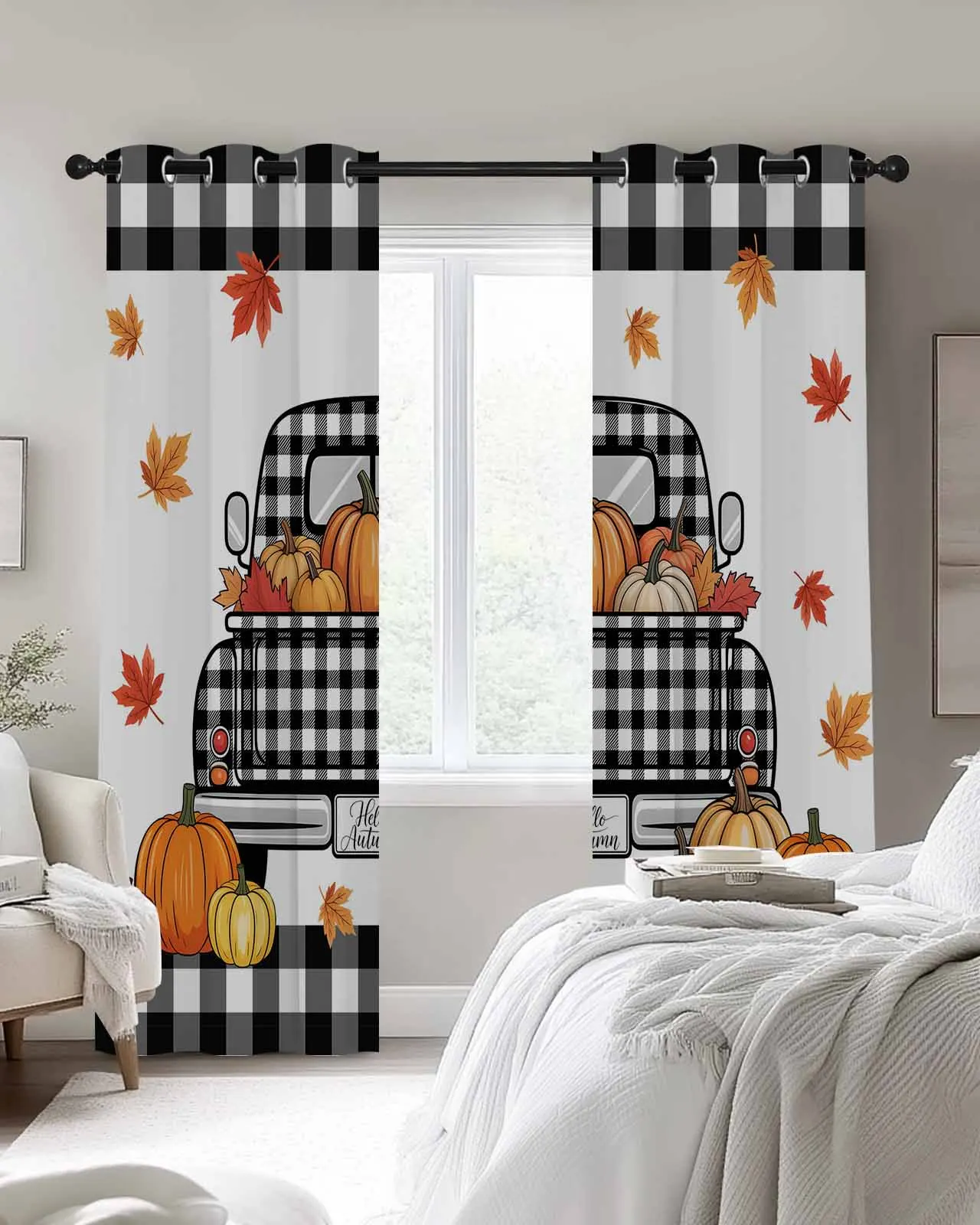 

Hello Autumn Truck Pumpkin Polyester Window Curtains For Living Room Kitchen Bedroom Drapes