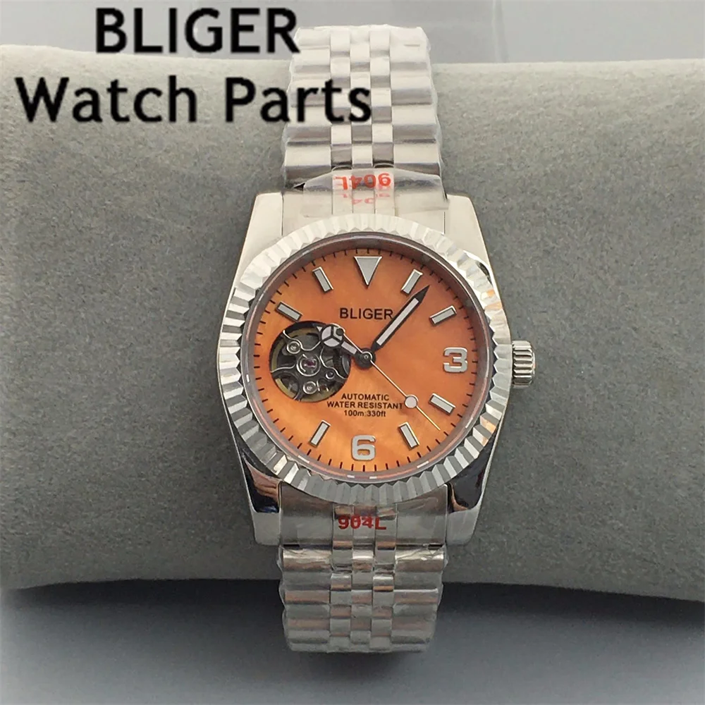 BLIGER 36 мм/39 мм NH38 автоматические механические мужские часы с полым жемчужным циферблатом зеленый светящийся браслет из нержавеющей стали водонепроницаемый