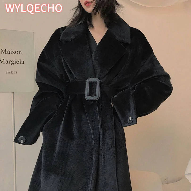 Winter Long Oversized Woolen Coat for Women Lapel Loose Padded Plush Imitation Mink Coat Stylish Black Women Clothes Streetwear