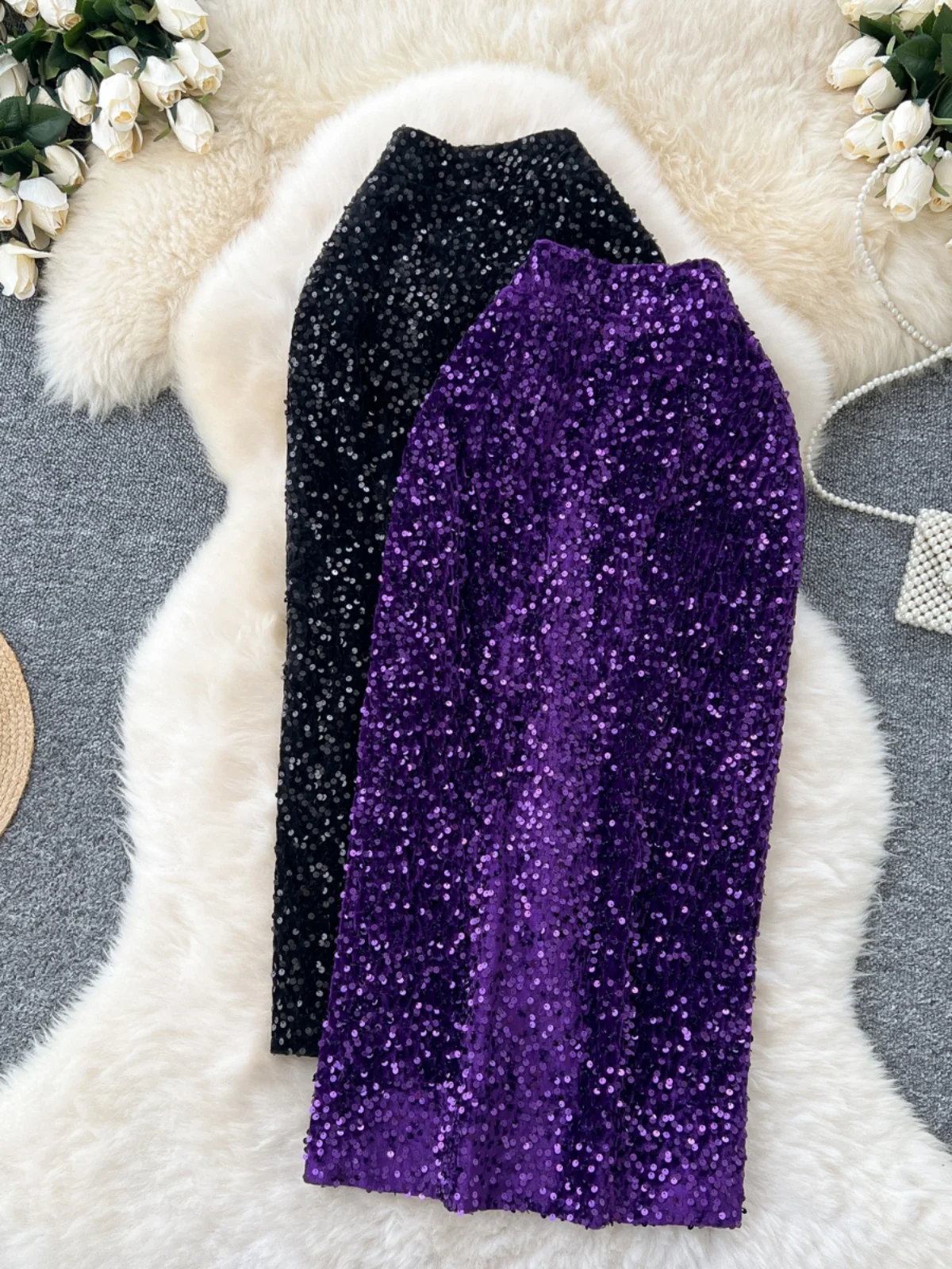 

iny Sequin Velvet Skirt Women's Slim Fit Butt Covering High Waist A-Line Skirt Daily Wear Light Maturi Sle