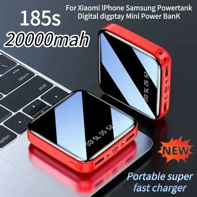 باور بانك صغير جديد 2025 بقدرة 20000 مللي أمبير في الساعة مع شاشة مرآة وشاشة LED وشاحن سريع محمول لهواتف آيفون وشاومي وهواوي وسامسونج