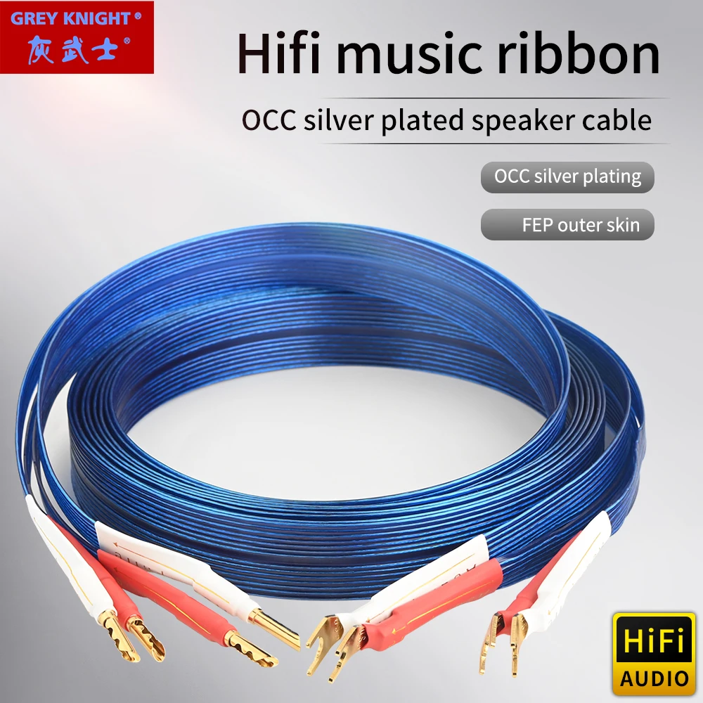 Czerwony/niebieski kabel głośnikowy Hifi OCC posrebrzany taśmowy kabel połączeniowy audio pozłacany kabel Hifi z wtyczką bananową