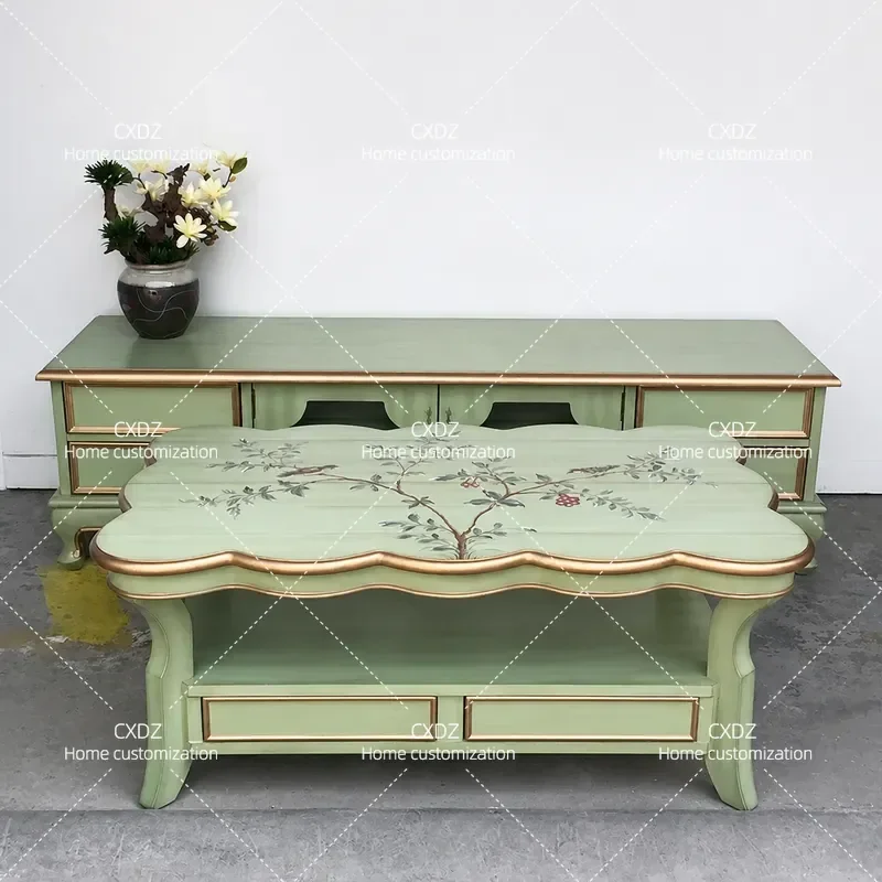 Mediterranean Retro Coffee Table for Living Room Double Layer Rectangular Storage Side Table with Painted Finish Rural Style