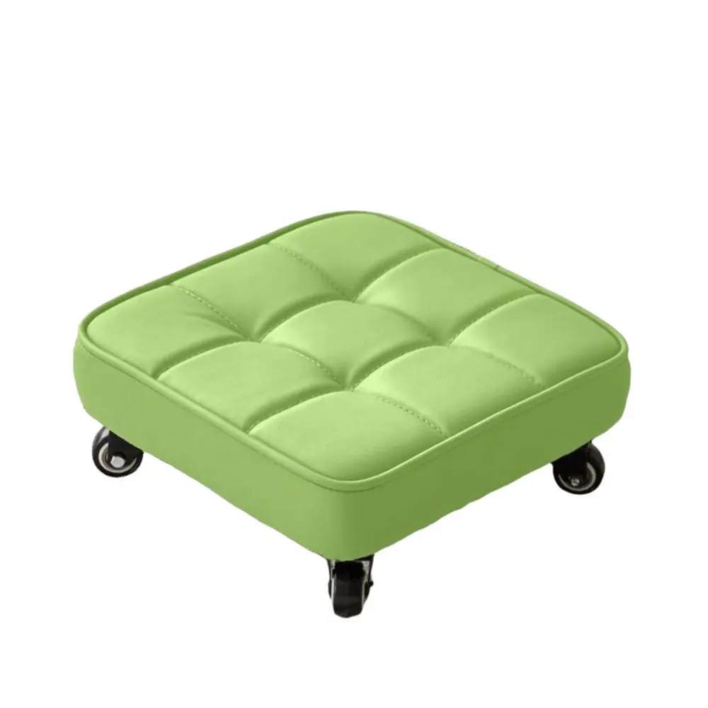 Upholstered Swivel Caster Stool Rounded Edges Square Shape Low Sliding Bench 360° Stitched Wheeled Short Bench Grout Work