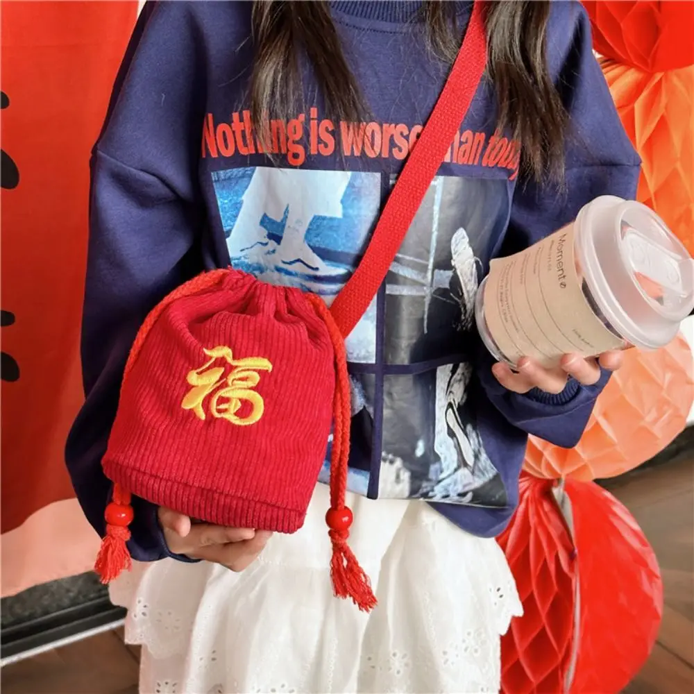 Spring Festival New Year Drawstring Bag Crossbody Chinese Style New Year Lucky Money Bag Party Red Fu Embroidered Bag 's Bag