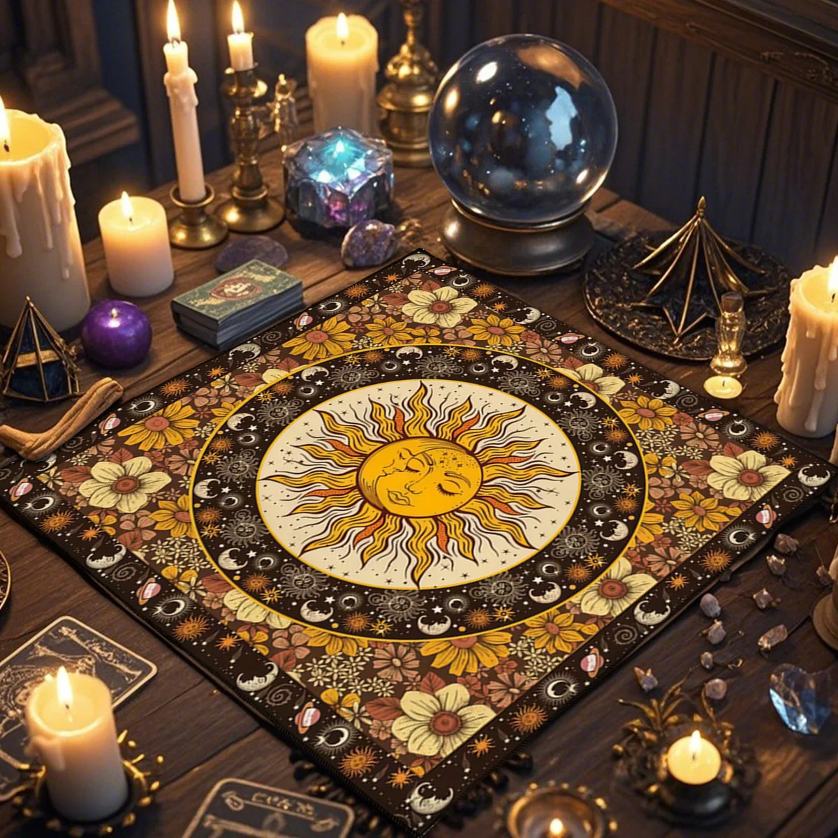 الأزهار والشمس بطاقة التارو مفرش المائدة المذبح القماش زهرة الحياة انتشار التارو القراءة القماش الروحي أوراكل بطاقة الوسادة