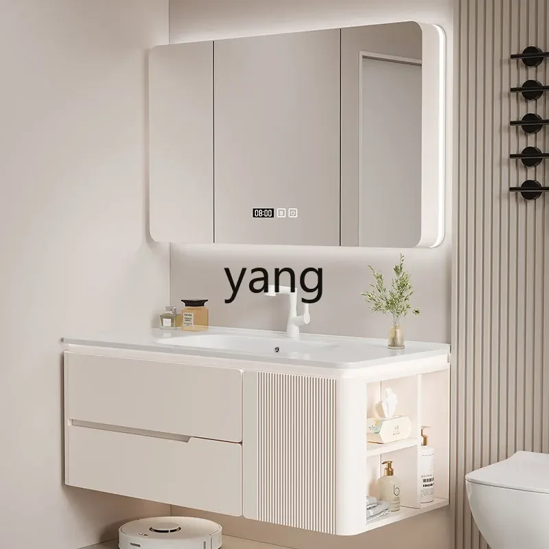 حوض متكامل من السيراميك والرياح من خشب البلوط الكريمي LH، خزانة حمام زاوية مستديرة، مغسلة