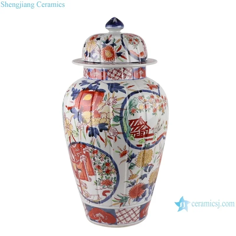 Hand drawn ribbed landscape figure pattern ceramic ginger jar