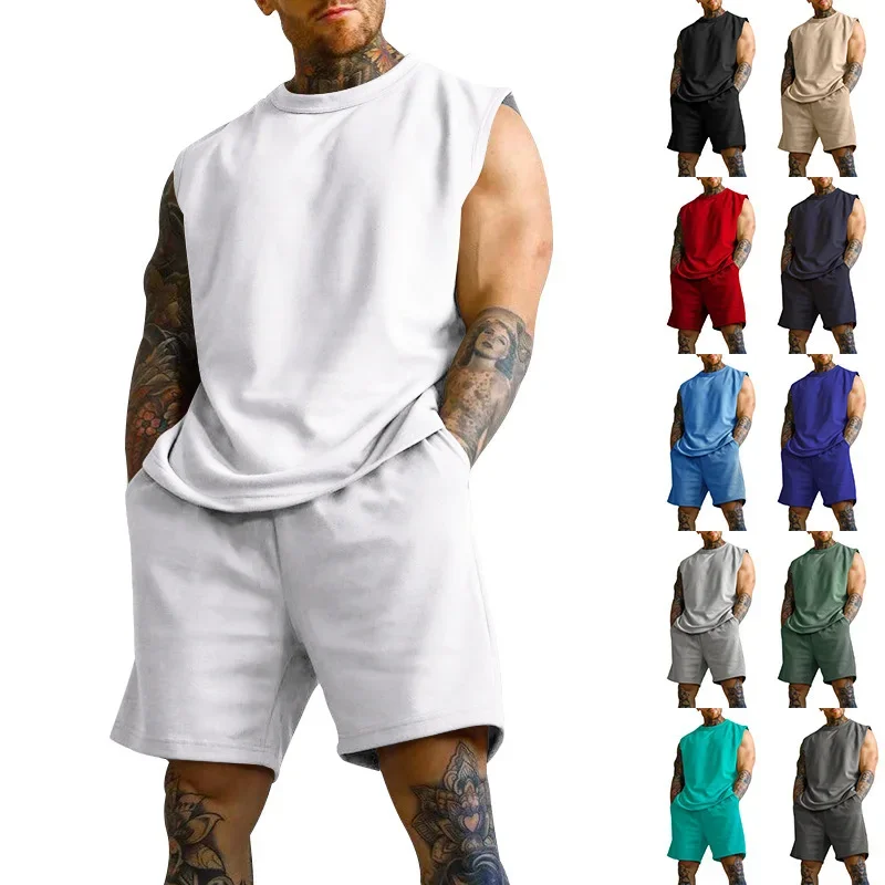 

New Summer Sleeveless Sports Suit Men Casual Thin Shirt Solid Color Vest Two-piece Set for Men Men Clothes